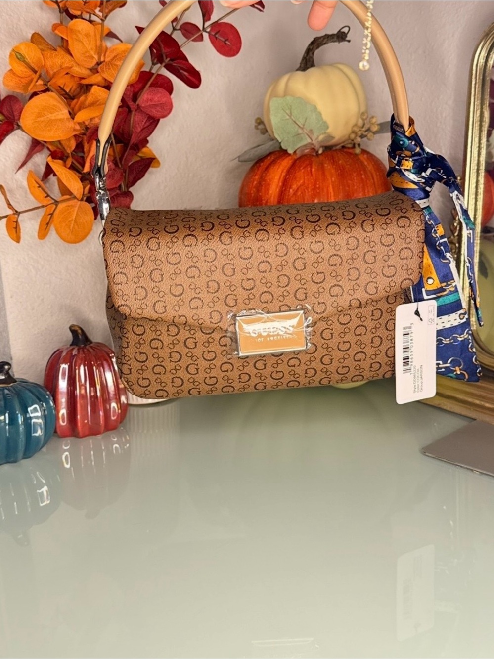 Guess Brown Signature Jacquard Shoulder Bag with Scarf Accent